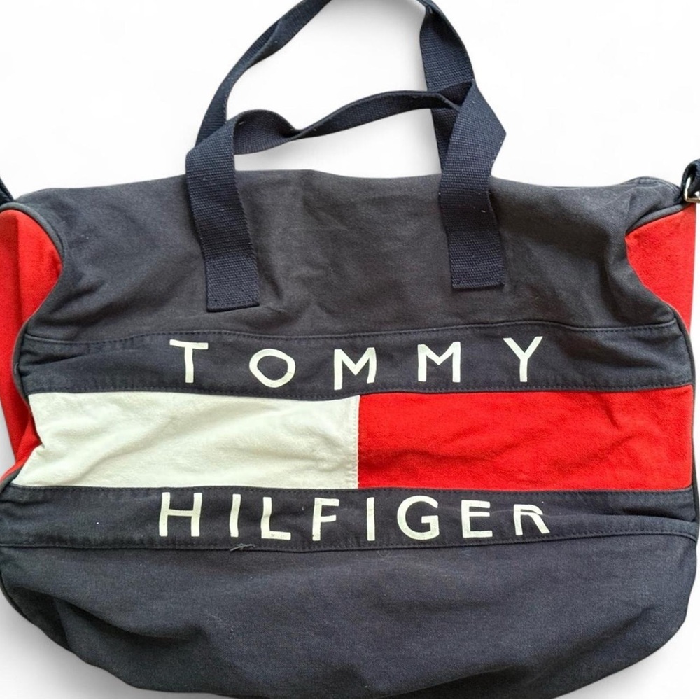 80’s VINTAGE TOMMY HILFIGER navy, red and white cotton canvas duffel bag.Clean!
